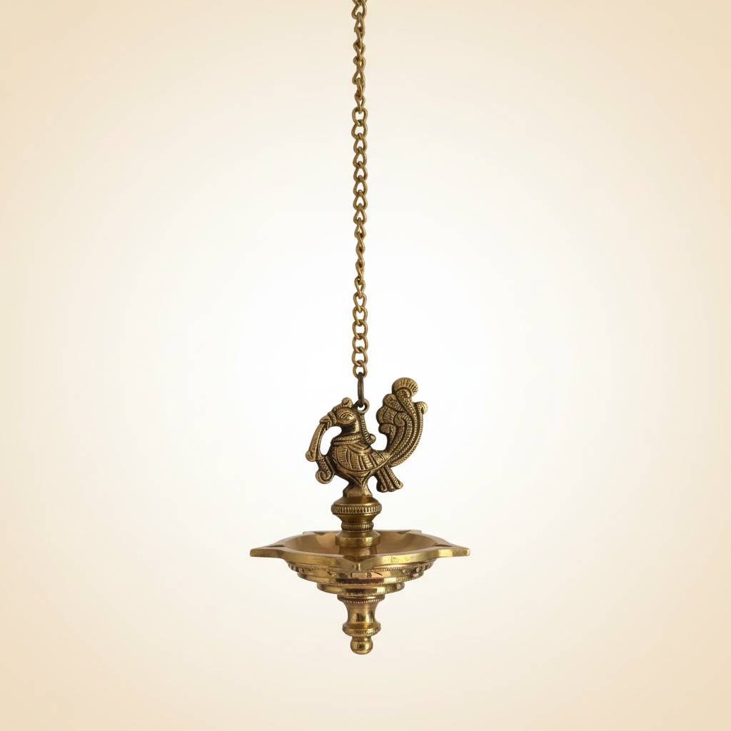 Set of 2 Peacock Brass hanging Diya set, Stunning handmade pair of hanging lamps,
