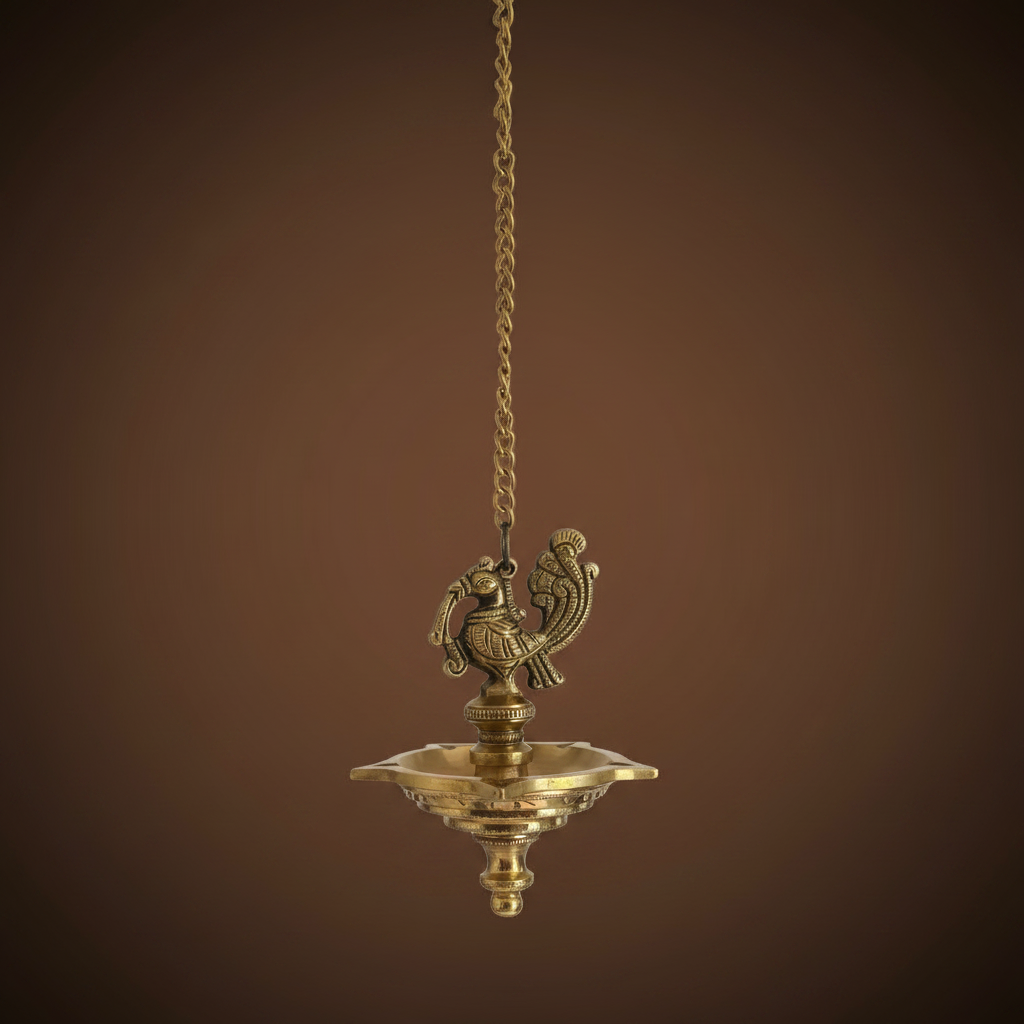 Set of 2 Peacock Brass hanging Diya set, Stunning handmade pair of hanging lamps,