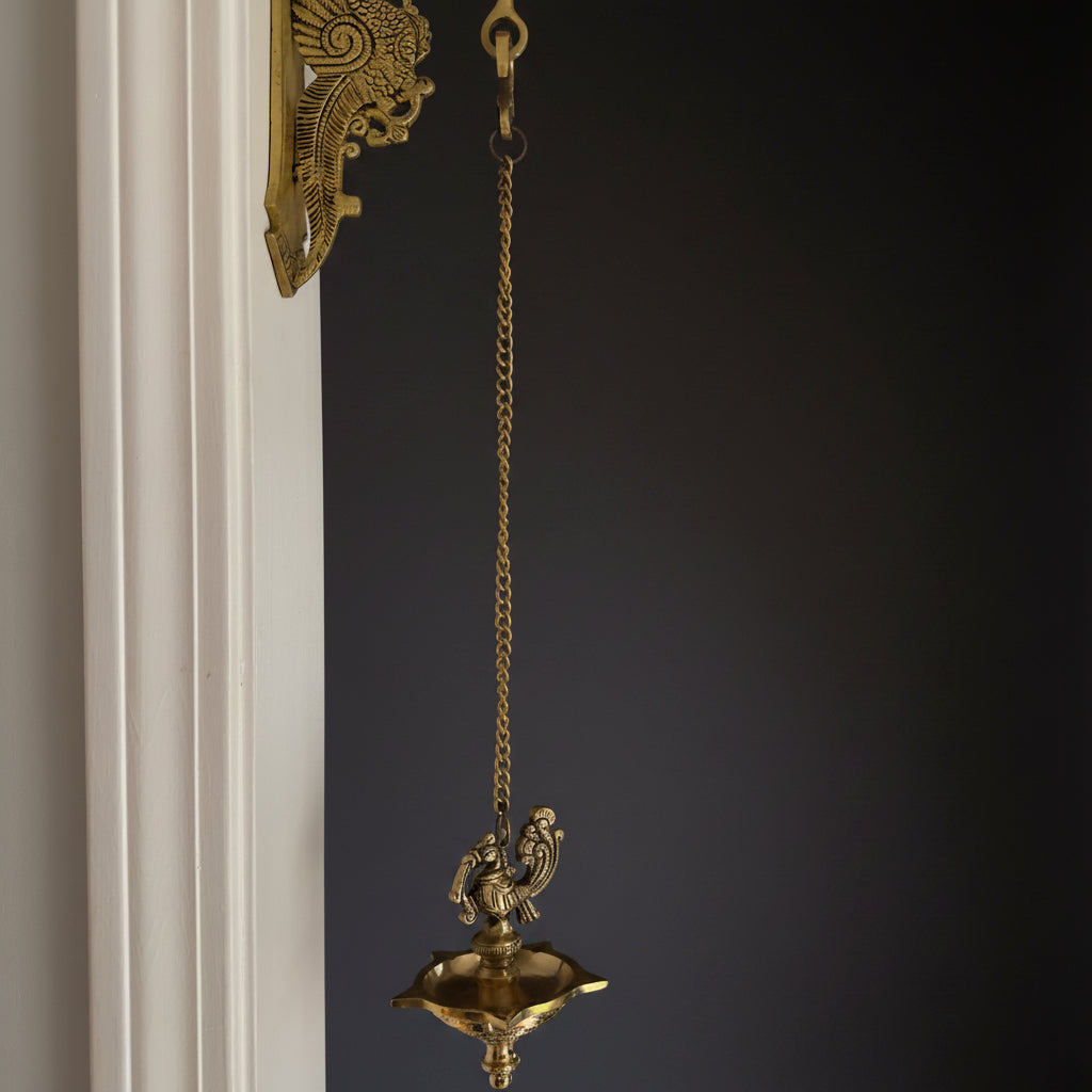 Set of 2 Peacock Brass hanging Diya set, Stunning handmade pair of hanging lamps,