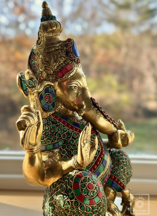 Brass Ganesha State with Stonework 16"