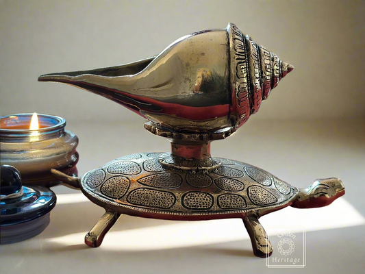Brass Shankha or Conch with Turtle, War Trumpet - The Golden Heritage #