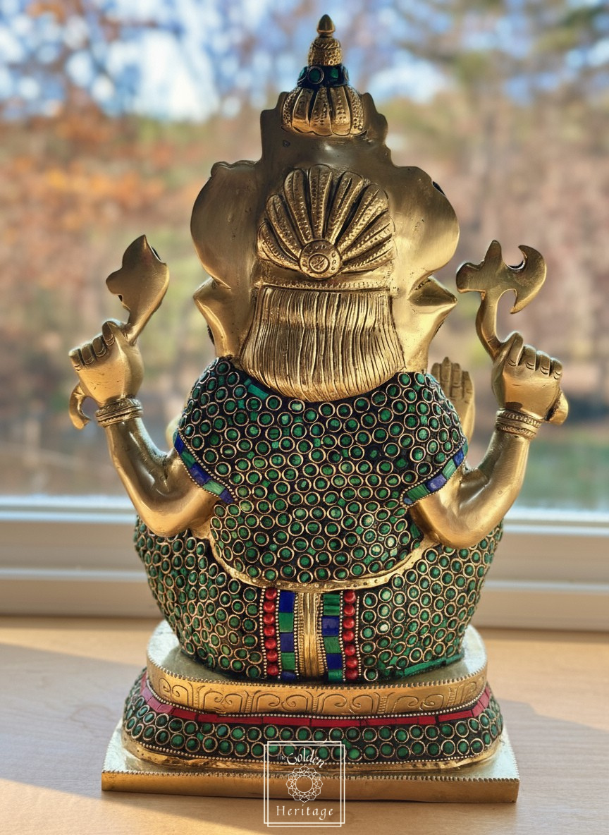 Brass Ganesha State with Stonework 16"