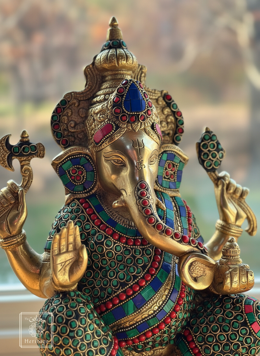 Brass Ganesha State with Stonework 16"