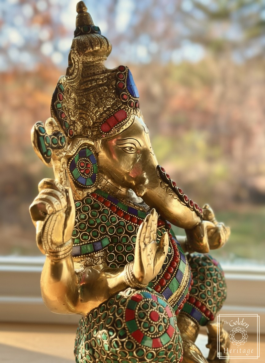 Brass Ganesha State with Stonework 16"