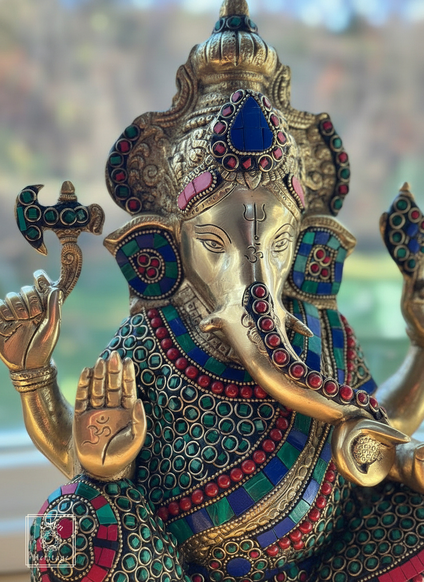 Brass Ganesha State with Stonework 16"