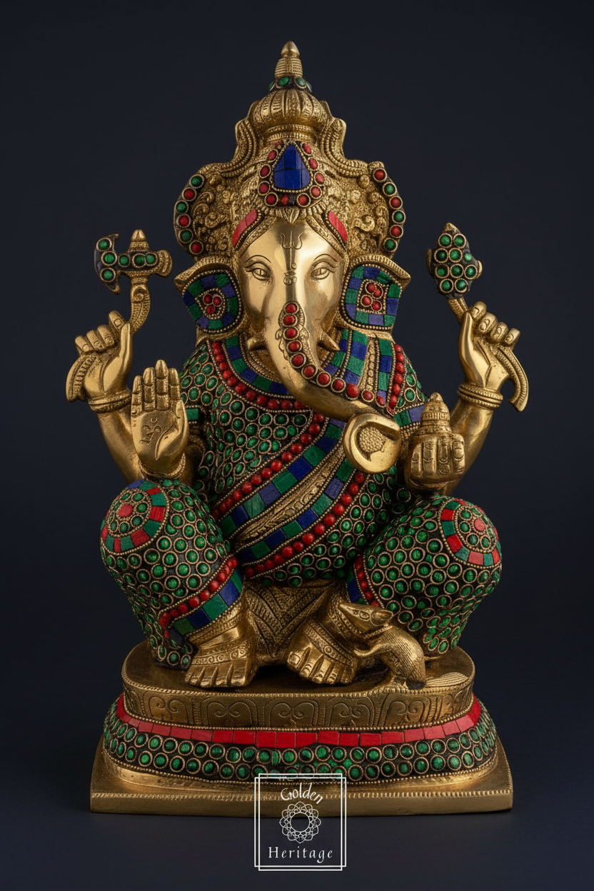 Brass Ganesha idol with Stonework 16"