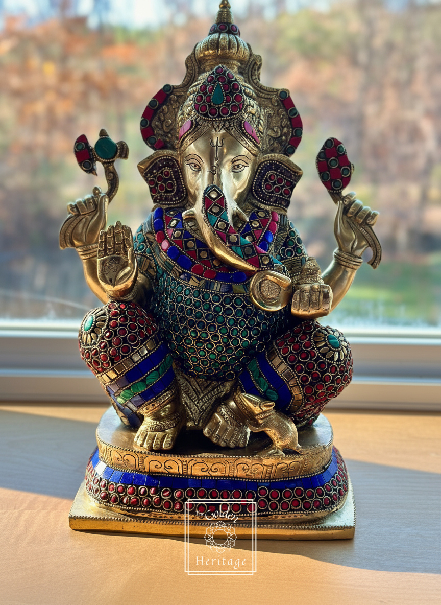 Brass Ganapati idol with Stonework 16"