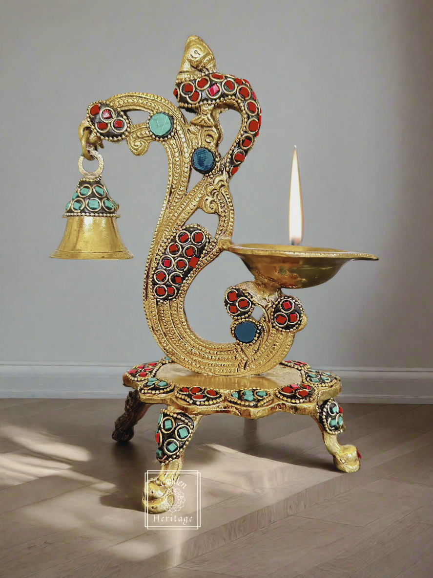 Peacock Diya with Stone work: A Masterpiece of Indian Craftsmanship