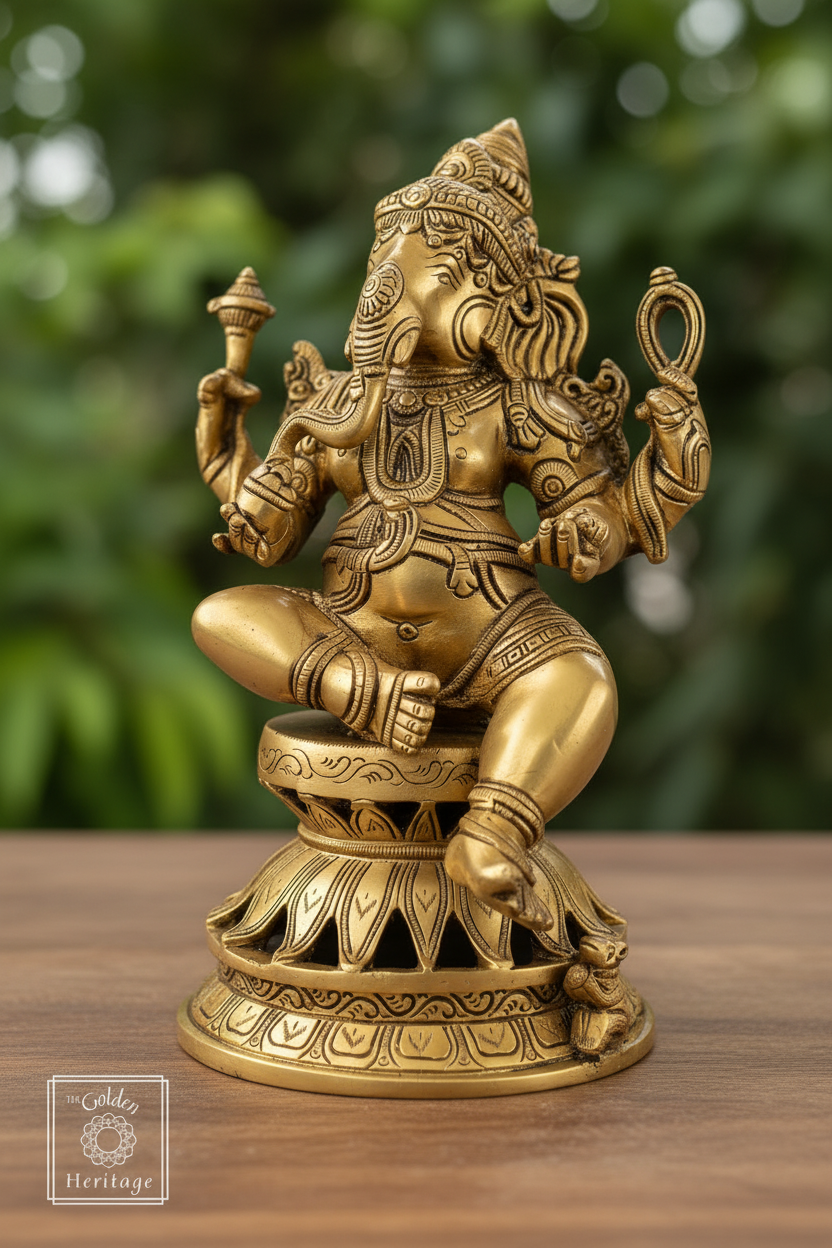 A brass Lord Ganesha statue sitting on a lotus base, displayed on a wooden surface with a blurred green garden background. A 'Gilded Heritage' logo is visible in the bottom-left corner.