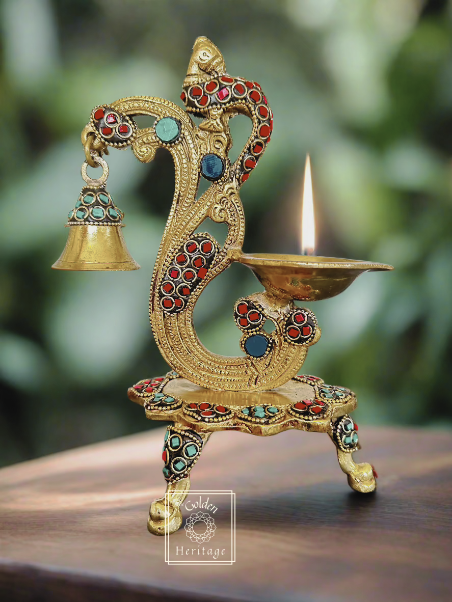 Peacock Diya with Stone work: A Masterpiece of Indian Craftsmanship