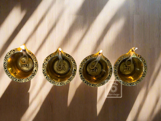 Swastika carved Diya, Brass oil lamp - The Golden Heritage #
