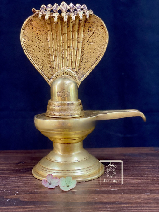 Brass Shiva Linga with Divine Serpent  12" - The Golden Heritage #