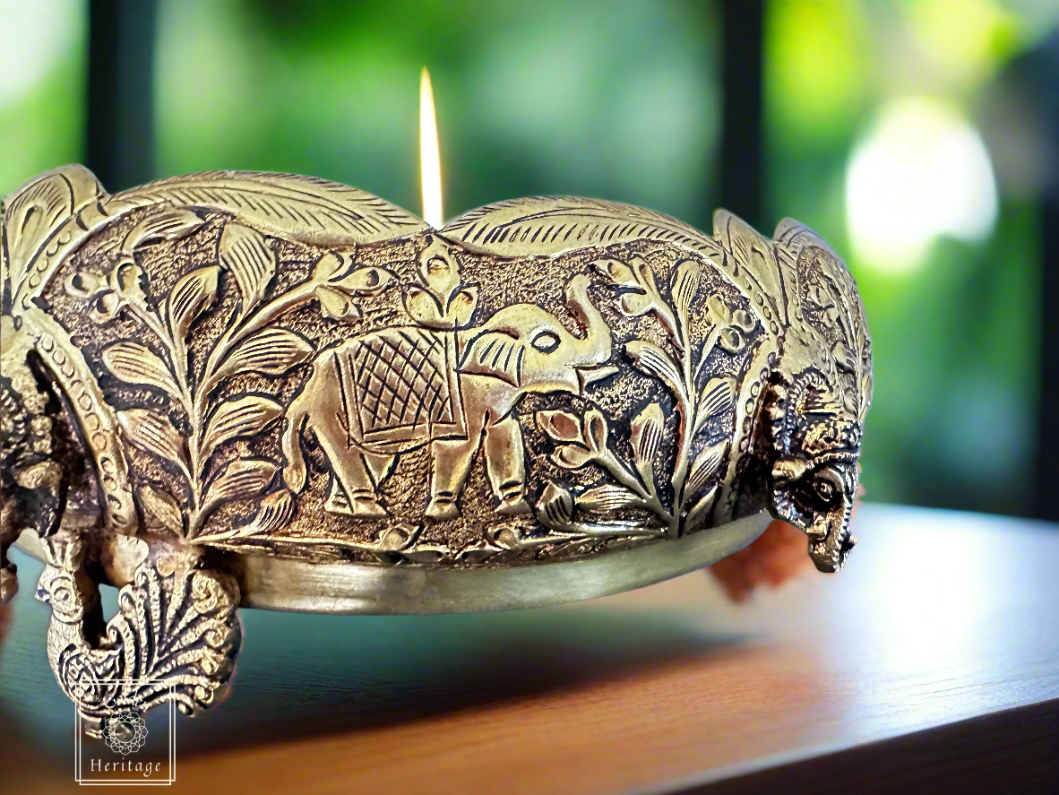 Ganesha, Peacocks & Elephants Design Urli 8"