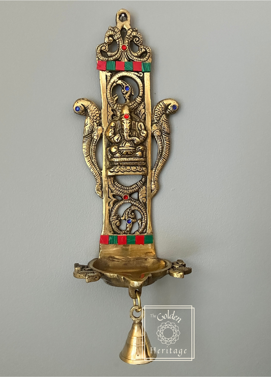 Wall Hanging Diya with Ganesha, Bell & Stonework Lamp - The Golden Heritage #