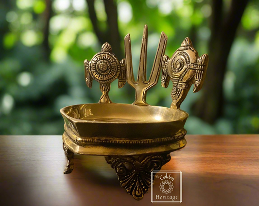 Brass Shankh Chakra Namah Diya, Oil wick lamp - The Golden Heritage #