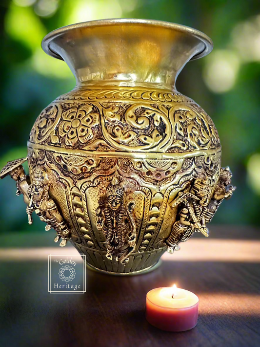 An intricately carved brass Kalash with depictions of the ten avatars of Lord Vishnu(Dashavatar).