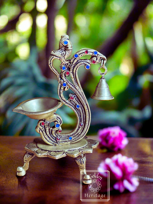 Peacock Diya with bell, Brass Pooja Lamp - The Golden Heritage #