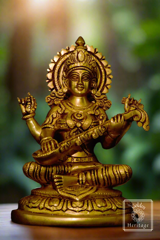Brass Sarasvati idol with veena 8" - The Golden Heritage #