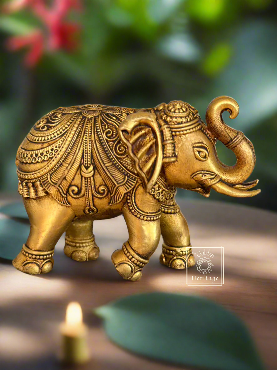 Handmade brass elephant statue symbolizing strength, wisdom, and good luck, perfect for home decor.