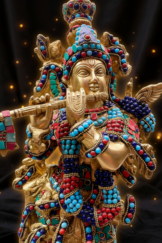 Brass Krishna Statue with Stonework 18” - The Golden Heritage #