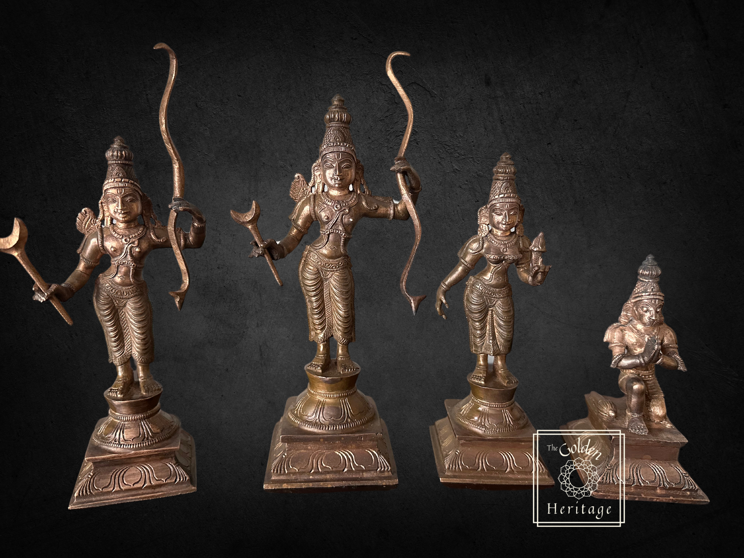 A set of bronze statues depicting the characters Ram, Sita, Lakshman, and Maruti from Hindu mythology, with intricate detailing on their clothing and expressions.