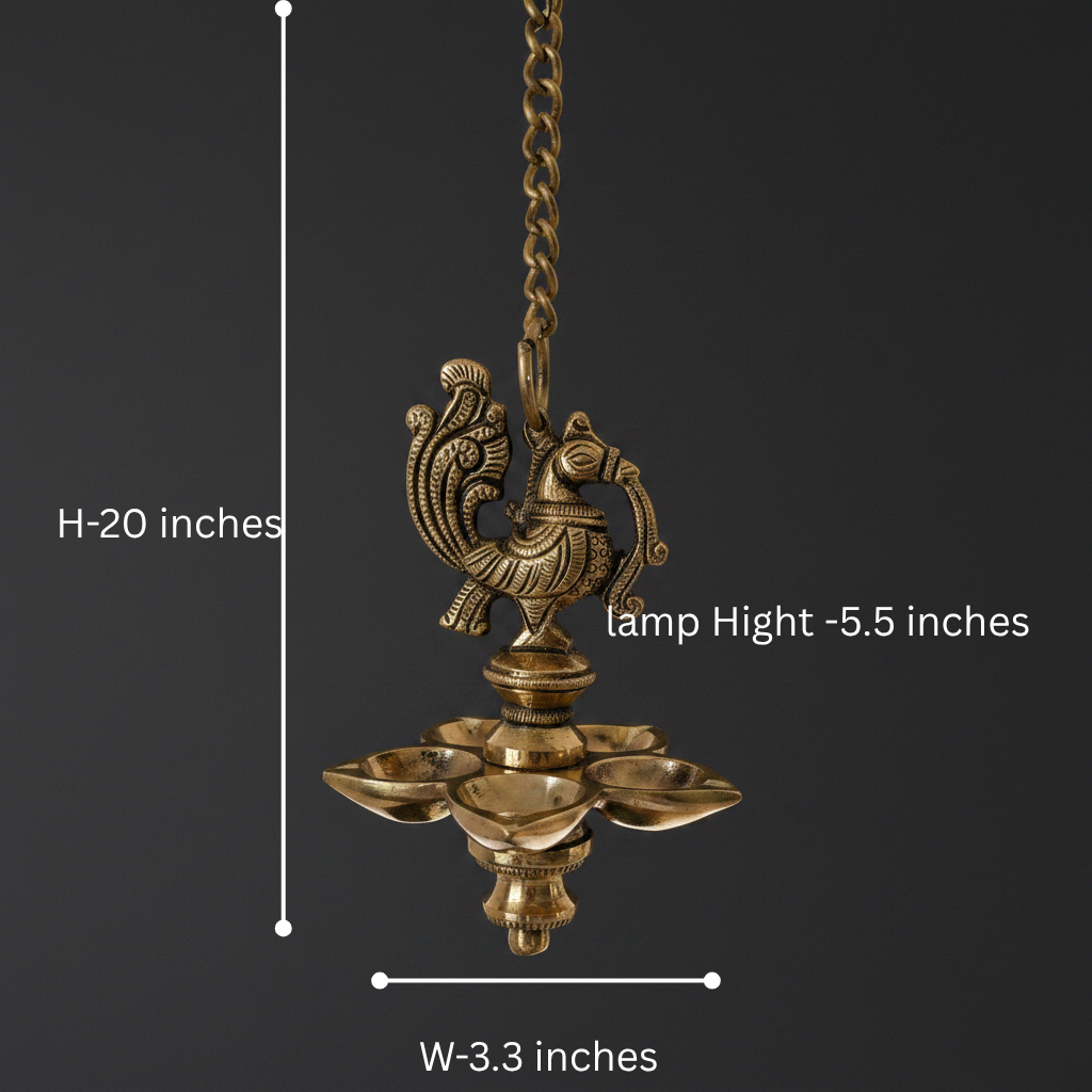 Set of 2 Peacock Brass hanging Diya set, 5 Wick Lamp