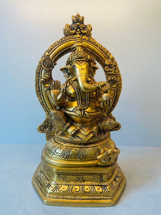 Brass Sukhasana Ganesha-Lakshmi with Prabhavali 12" - The Golden Heritage #