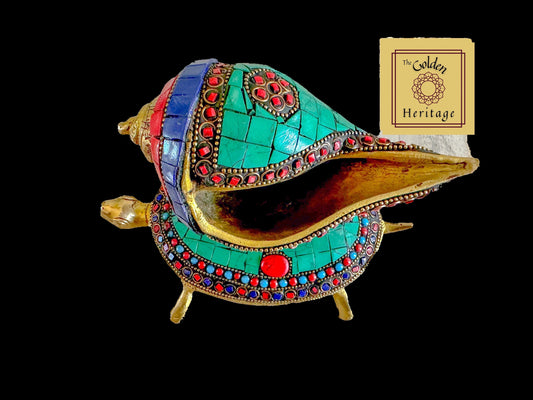 Brass Stonework Shankha or Conch with Turtle - The Golden Heritage #