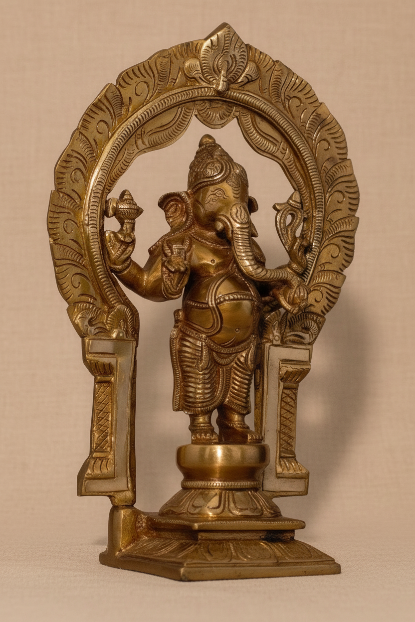 A brass statue of Lord Ganesha standing within an ornate arched halo, photographed against a plain beige fabric background.