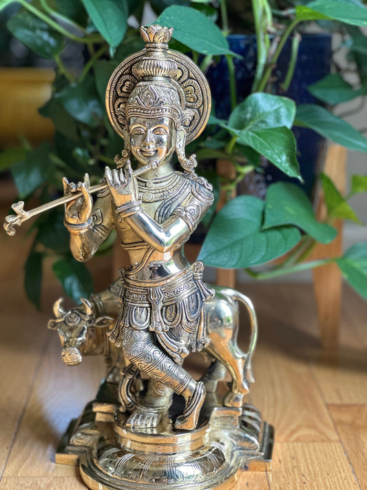Brass Large size Krishna with Cow Statue - The Golden Heritage #