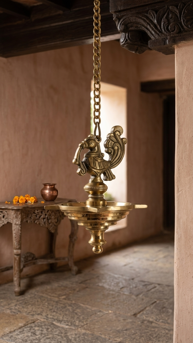 Set of 2 Peacock Brass hanging Diya set, Stunning handmade pair of hanging lamps