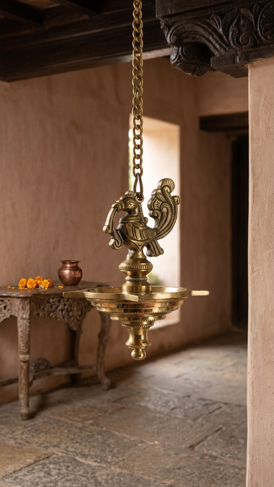 Set of 2 Peacock Brass hanging Diya set, Stunning handmade pair of hanging lamps,