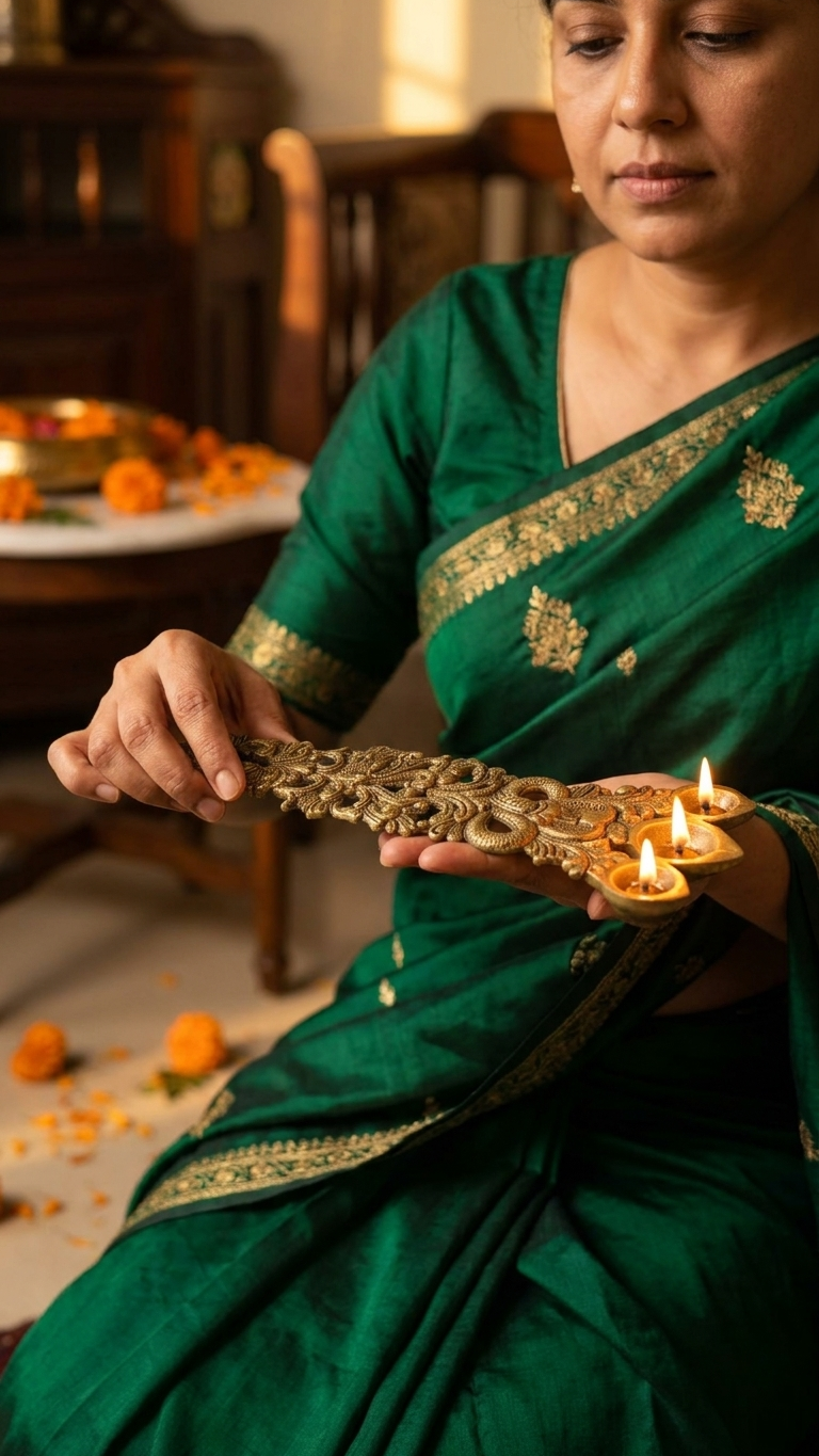 Brass Aarti spoon with three diyas
