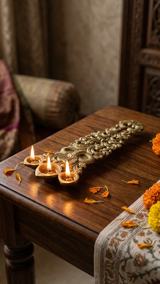 Brass Aarti spoon with three diyas