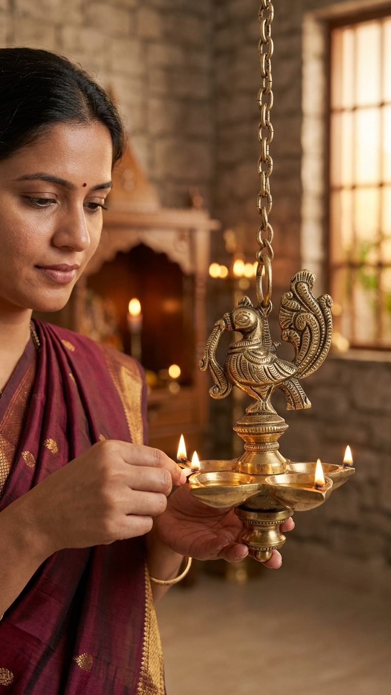 Set of 2 Peacock Brass hanging Diya set, 5 Wick Lamp