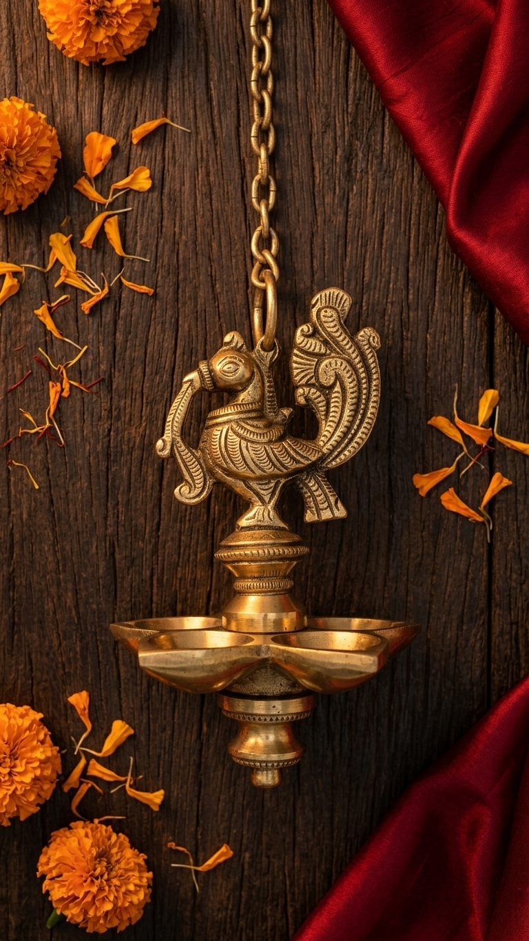 Set of 2 Peacock Brass hanging Diya set, 5 Wick Lamp